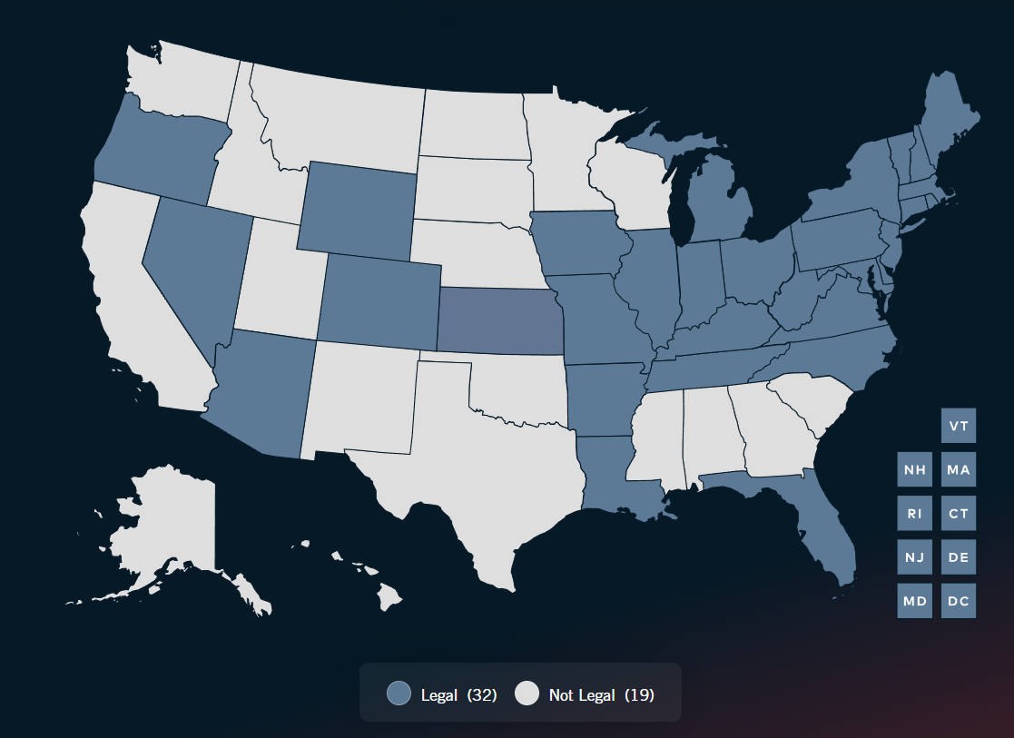 US states where online sports betting is legal, as of February 2026